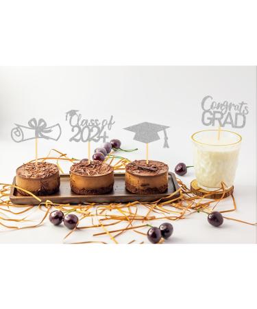 2024 Graduation Theme Cupcake Toppers Glitter Class of 2024 Graduation Cap Diploma Cupcake Picks - Set of 24 (Silver) - Buy Online on SooperMarket.com