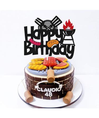 Barbecue Cake Topper for BBQ Sausage Roti Grill Cooking Theme Happy Birthday Cake Decorations Kids Boy Girl Bday Party Handmade Double Side Glitter Black Supplies Decor - Buy Online on SooperMarket.com