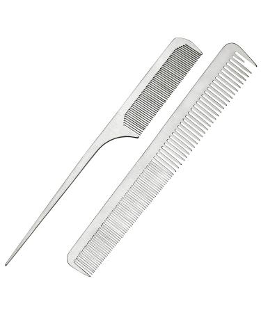 2Pcs Stainless Steel Comb Set Salon Professional Barber Hairdressing Rat Tail Metal Hair Cutting Comb Ultra-thin Hair styling combs with Leather Bag #2