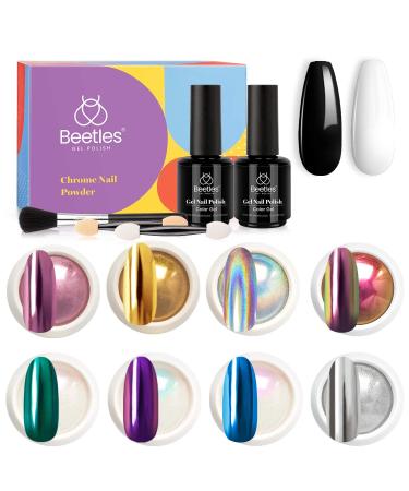 Beetles Chrome Nail Powder Kit Black White Colors Gel Polish Mirror Effect Holographic Aurora Iridescent Pearlescent Manicure Art Decoration Glitter Holo Nail Powder 8 Colors 1g or 0.5g/Jar