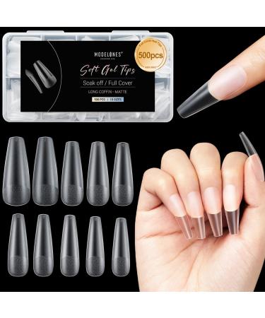 Modelones Nail Tips Long Coffin Clear Nail Tips Full Cover Professional 500Pcs Fake Nails Pre-buff Full Cover Nail Tips for Nail Extension DIY Nail Salons and DIY Nail Art Press on Nail Tips Kit 10 Sizes