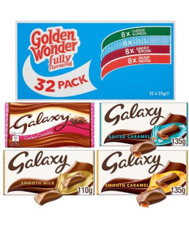 Golden Wonder Fully Flavoured Blue Box Cheese and Onion Salt and Vinegar Smoky Bacon Ready Salted 32pkx25g With 4 Galaxy Chocolate Bars