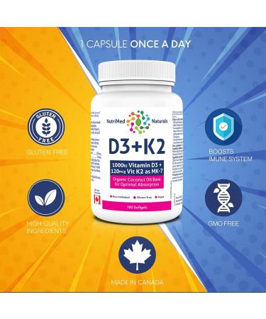 Optimal Bone & Teeth Support D3 + K2 180 Softgels - Optimal Absorption with Organic Coconut Oil Base MK7 K2 Vitamin for Bone & Heart Health Inspiring Wellness with D3K2 Vitamins 3rd Party Tested - Formulated & Made in Canada - Buy Online on SooperMarket.com