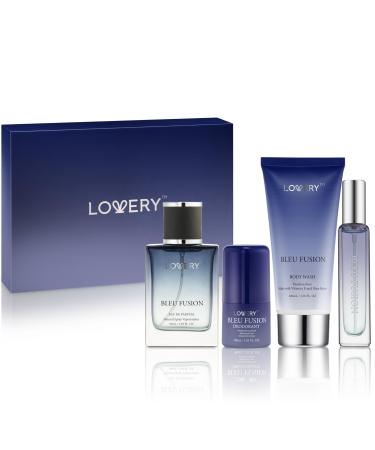 Blue Fusion Perfume for Men Mens Cologne Set 4 in 1 Perfume Set & Colognes Gift Set - 4 Piece Parfum Antiperspirant Deodorant Stick Body Lotion Cologne - Masculine Birthday Gifts Perfumes for Men