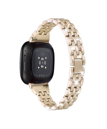 Mtozon Bling Bands Compatible with Fitbit Versa 3/Sense, Women Dressy Slim Bracelet Metal Replacement Wristbands, Champagne Gold
