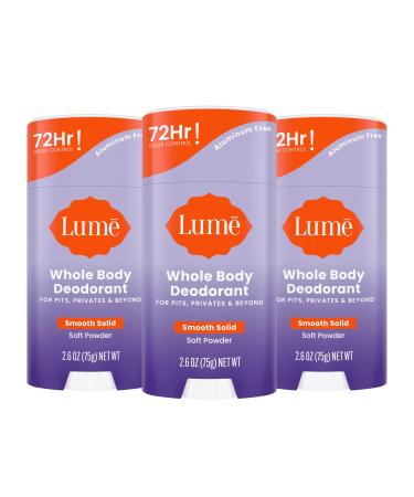 Lume Whole Body Deodorant - Smooth Solid Stick - 72 Hour Odor Control - Aluminum Free Baking Soda Free and Skin Loving - 2.6 Ounce (Pack of 3) (Soft Powder) Soft Powder 2.6 Ounce (Pack of 3)