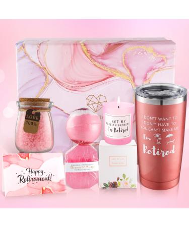 2024 Retirement Gifts for Women Best Happy Pink Retirement Gifts 20oz Coffee Tumbler Bath Balls Lavender Soap Bath Salts Candles Funny Retirement Gifts for her Teachers Nurses