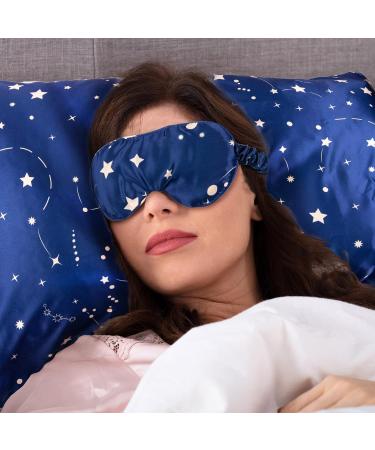 Whaline 4Pcs Body Silk Satin Pillowcase Set with Eye Mask, Scrunchie, and Hair Cap | Starry Dark Blue Sky Theme | Hypoallergenic and Soft Pillow Cover for Hair and Skin - Buy Online on SooperMarket.com