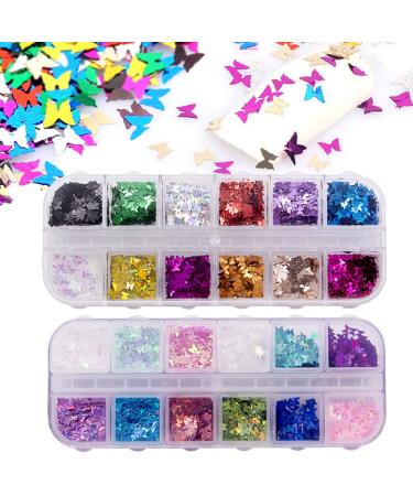 24 Color/Set 3D Butterfly Nail Glitter Sequins  Kalolary Laser Butterfly Nail Sequin Flake Acrylic Manicure Paillettes Face Body Lip Glitters for Nail Art Decoration Resin Mold DIY Makeup 2P-A