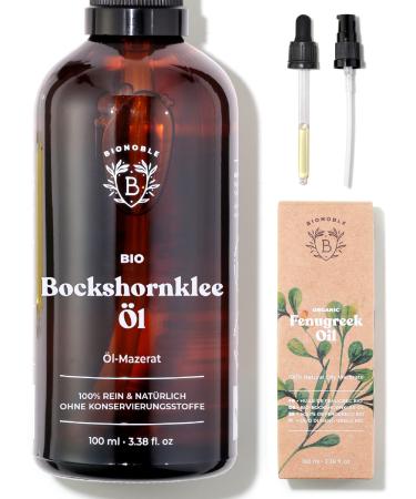 Bionoble Bockshorn Klee Oil Bio 100ml - Oil macerate made of Bockshorn clover seeds + sunflower oil - body chest area buttocks hair nails - vegan fenugreek oil - glass bottle + pipette + pump unparfored 100 ml (1 Pack)