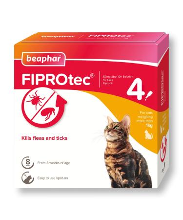 Beaphar | FIPROtec Spot-On | Kills Fleas & Ticks | Vet Strength Treatment | Easy to Apply | Suitable for Cats & Kittens from 8 Weeks of Age Weighing more than 1kg | 4 Pipettes