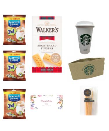 Maxwell House 3 in 1 Instant Coffee 10 Sachets Bundled With Walker s Shortbread Fingers Reusable Coffee Cup Hot Cup Sleeve & Coffee Stirrers | Coffee Sachets | Coffee Gifts For Men and Women