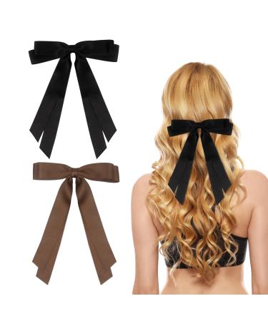 2 Pack Hair Bows for Women Black Bow Hair Clips French Barrette with Long Silky Satin Hair Ribbons for Women Girls(Black Brown)