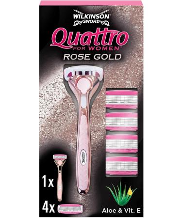 WILKINSON SWORD - Quattro For Women | Premium Metal Rose Gold | Razor Handle + 5 Blade Refills 5 Piece Set