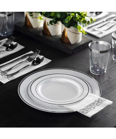 Munfix 100 Piece White Silver Rim Plastic Party Plates - 10.25 Inch Premium Heavy Duty Dinner Plates for Wedding - Elegant & Fancy Disposable Plates - Buy Online on SooperMarket.com
