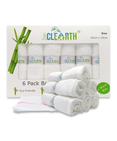 ACLEARTH (White Bamboo Wash Cloths (6 pc) Bamboo Face Cloth - 25 x 25cm Soft Face Wash Cloth Flannels for Washing Face Skin Sensitive Makeup Removal Premium Adult Body Babies Kids Baby Gift