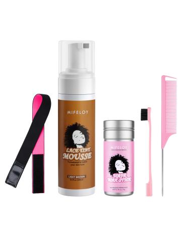 5 Pcs Wig Tool Kit 200ml Lace Tint Melting Hair Mousse Foam Mocha Light Brown Toupees Spray Glue 75g Styling Wax Stick Pomade Gel Wig Band Edge Control Brush Needle Tail Comb 5 Pcs Wig Tool Set-Light Brown-Pink