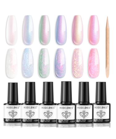 Modelones Pearl Gel Nail Polish 6 Colors Aurora Iridescent Shimmer White Pink Purple Mermaid Nail Drawing Gel Polish Soak Off Spring Gel Polish Swirl Shell Thread Effect DIY Manicure Gifts