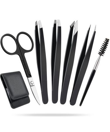 6 Pack Tweezers for Women DOMAXCAI Upgraded Eyebrow Tweezers Great Precision Tweezer Set with Case Professional Tweezers for Eyebrows Facial Hair Splinter and Ingrown Hair Removal Black