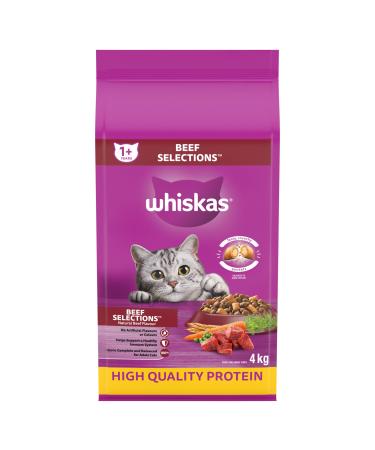 Whiskas Beef Selections Adult Dry Cat Food Natural Beef Flavour 4kg Bag