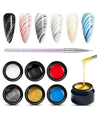 MEET ACROSS 6 Colors Spider Gel  Painting Elastic Drawing Spider Gel for Nail Art  Soak off UV LED Nail Gel  Drawing Nail Gel for Line  DIY Nail Art Manicure with Brushes Spider Gel-A