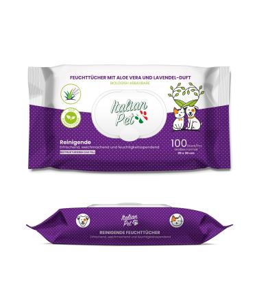 Italian Pet biodegradable aloe vera and lavender - wet cleaning wipes for cleaning paws muzzle and hair of dogs cats rabbits pets - 100 disposable wipes 20x30 cm