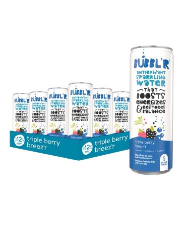 BUBBL'R triple berry breez'r, Antioxidant Sparkling Water with Natural Caffeine, 0g Sugar, Gluten Free, All Natural Flavors, 12 Fl Oz Cans, 12 Count triple berry breez'r 12 Fl Oz (Pack of 12)