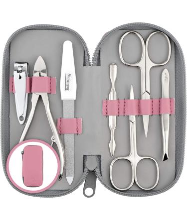Marqus manicure set men and women 7 parts with nail -tongs solingen made in Germany for hand and foot care - real leather etui handy and soft 5. pink
