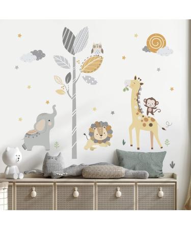 decalmile Safari Animals Tree Wall Stickers Jungle Elephant Lion Giraffe Wall Decals Baby Nursery Kids Room Living Room Wall Decor