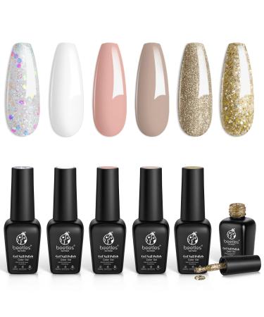 Beetles Gel Nail Polishes-6 Colors Endless Romance Set White Nude Glitter Gel Polish Kit Popular Nail Art Design Soak Off Nail Lamp Nail Polish Gel DIY Manicure Kit Beauty Gifts DIY Nails Art