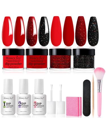 Honey Joy Dip Powder Nail Kit Starter 4 Colors Deep Red Glitter Holographic Black Dipping Powder Liquid Set with Base Top Coat for Nail Art Manicure Salon DIY No LED Nail Lamp Needed Dip-7pcs-08