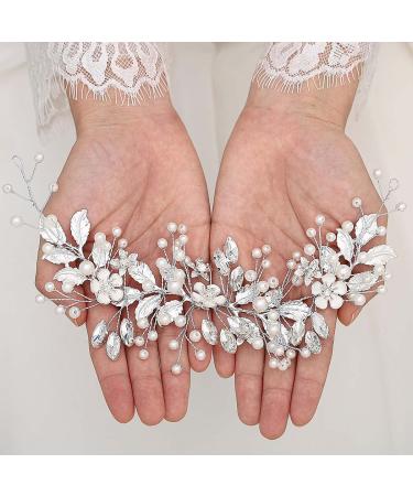 Handcess Bride Wedding Crystal Headband Silver Flower Pearl Headpiece Leaves Rhinestone Bridal Hair Accessories for Women and Girls (Silver)