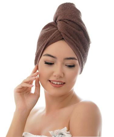 Kirman Premium Haarurban towel 2 pieces with 2 buttons 100% cotton - hair - for short and long hair - Turban towel is quick -drying and suckling (brown 2 pieces) brown 2