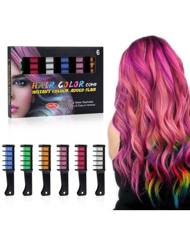 AOOWU 6 Colors Hair Chalk Comb Temporary Hair Color Chalk Comb Set for Girls Kids Safe Non-Toxic Washable Hair Dye Hair Color Brush Hair Color Dyeing Tool for Halloween New Year Party Cosplay