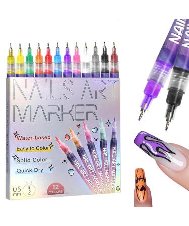 Fine Tips 3D Nail Art Pens 12 Colors 0.5 MM Nail Polish Pens Nail Point Graffiti Dotting Pen Drawing Painting Liner Brush for Home Salon Quickly DIY Nail Art