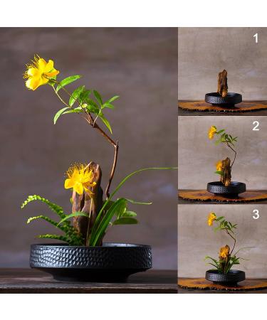 Round Flower Frog & Ceramic Flower Pot Set - Hammer-Pattern Black Ikebana Arrangement for Floral Art - Buy Online on SooperMarket.com