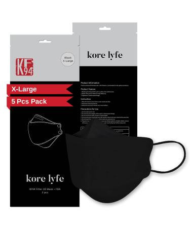 25 PCS 25% LARGER KF94 Face Mask - X-LARGE BLACK - Made in Korea - In 5 PCS Reclosable Package - Breathable Premium Quality - Package in English
