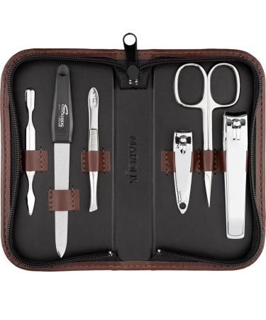 Manicure Set Solingen with top/performance - art leather case handy and soft - 6 -piece nail set for women and gentlemen Marqus made of brilliant polished steel brown