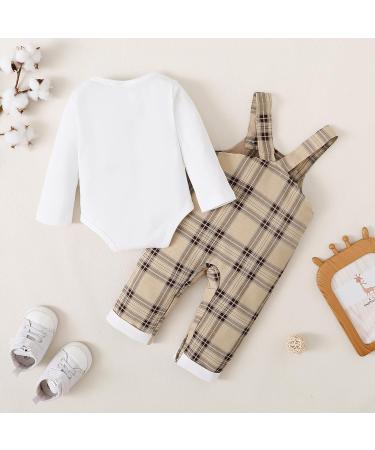 Puseky Baby Boy 3-6 Months Clothes Set | Long Sleeve Romper with Plaid Suspenders Overall Pants | Spring Fall Outfits in White - Buy Online on SooperMarket.com