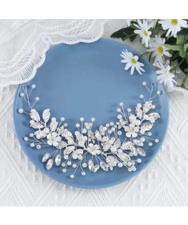 Handcess Bride Wedding Crystal Headband Silver Flower Pearl Headpiece Leaves Rhinestone Bridal Hair Accessories for Women and Girls (Silver) - Buy Online on SooperMarket.com