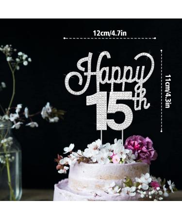 LINGTEER Happy 15th Birthday Silver Rhinestone Cake Topper - Cheers to 15th Birthday Party Decorations - Buy Online on SooperMarket.com