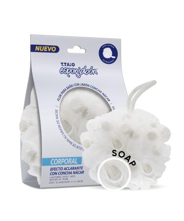 T.Taio Esponjabon Shower Bath Puff - Loofah Luffa Loufa Body Wash Ball - Mesh Pouf Scrubber for Full Cleanse Lather Skin Care - Essential Beauty Bathroom Accessories for Men & Women (Mother of Pearl)