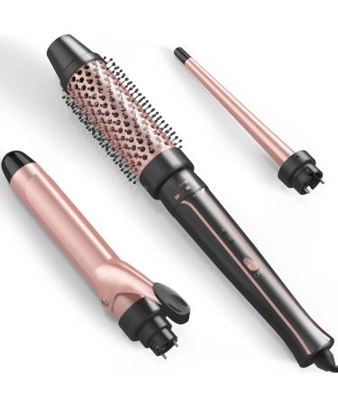 Nimmu Curling Iron Set with Thermal Brush Ceramic Curling Wand (0.35"-1") 1 1/2 Inch Pro Heated Round Brush Create Blowout Look & Natural Curls 30S Fast Heat Up Detachable Dual Voltage Hair Curler Rose Gold