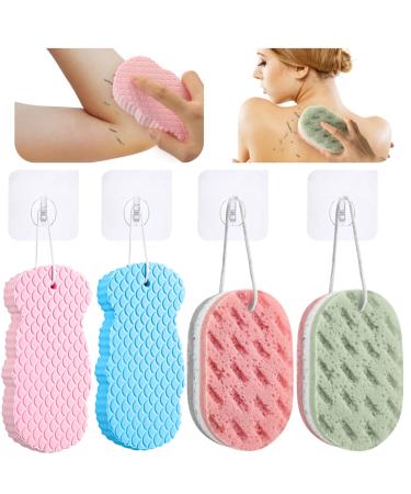 4 Pcs Exfoliating Bath Sponge  Soft Exfoliating Bath Sponge 3D Bath Sponge Shower Brush Dead Skin Remover for Body Shower Sponge for Adults and Kids with 4 Self Adhesive Hook (Blue  Pink)