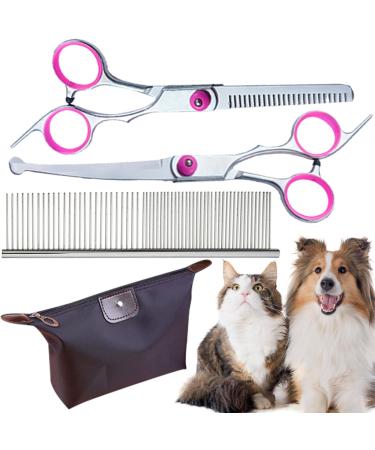 DKDDSSS 4 Pieces Dog Grooming Scissors Pet Grooming Scissors with Safety Round Tip Pet Dog Cat Curved Grooming Shears Scissors Professional Thinning Shears Grooming Comb for Dogs and Cats (Pink)