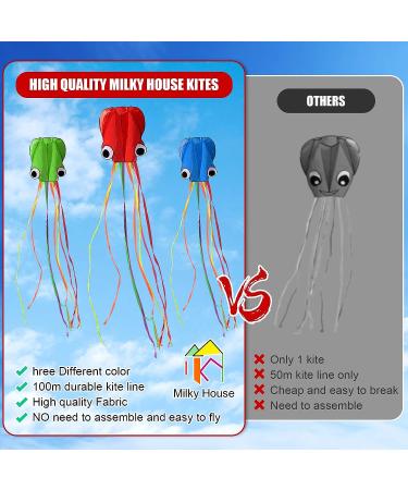 3 Pack Octopus Kite Set - Easy Flyer Beach Kites for Kids & Adults - Blue/Green/Red - 100M Kite String Included - Buy Online on SooperMarket.com