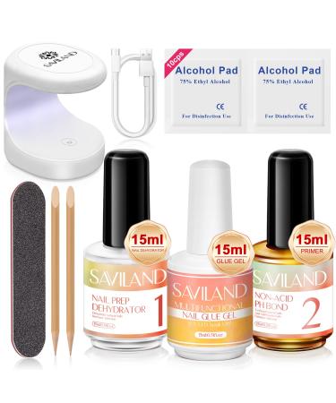 Saviland Nail Dehydrator and Primer PH Bond Set with Gel x Nail Glue and Lamp - 3+15PCS Nail Dehydrator and Primer for Gel Nails Acid-free Acrylic Nail Primer 6-in-1 Gel Nail Glue for Nail Tips Long-Lasting A - Full Nail...