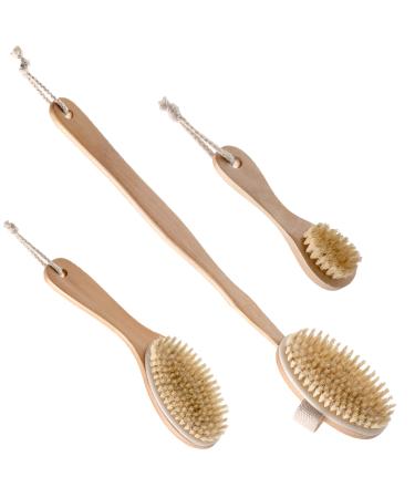 Dry Brushing Body Brush Set with 100% Natural Boar Bristles (Set of 3) | Skin Exfoliating Kit with Long Detachable Back Brush  Contour Body and Face Brushes | Lymphatic Drainage  Cellulite Treatment