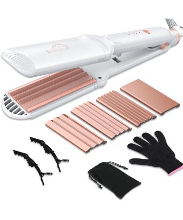 4 in 1 Hair Crimper Straightener and Curling Iron: Ceramic Flat Crimping Plates Volumizing Tool with 15s Fast Heating (White)