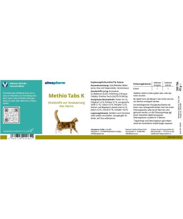 Almapharm Methio Tabs K | 200 Tablets | Urinary Support Supplement for Cats | Acidify Urine with Methionine | Vital Nutrients for Health - Buy Online on SooperMarket.com